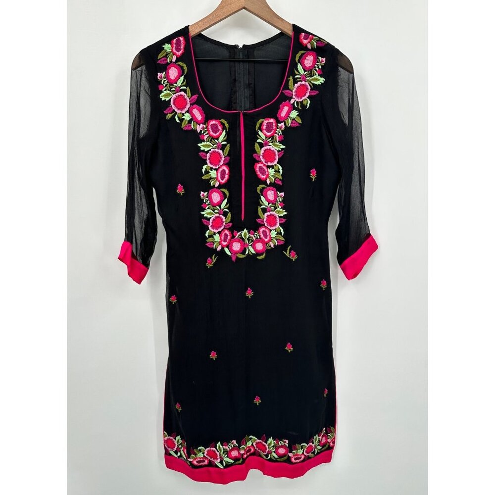 Bollywood Floral Embroidered Tunic Top Small? (READ) Party Wear Black Pink VTG
